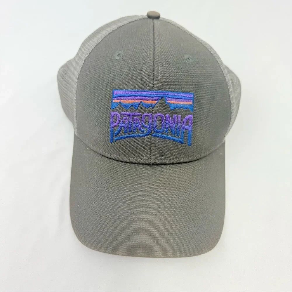 Patagonia Gray Purple Mountain Embroidered Mesh Snap Back Trucker Hat